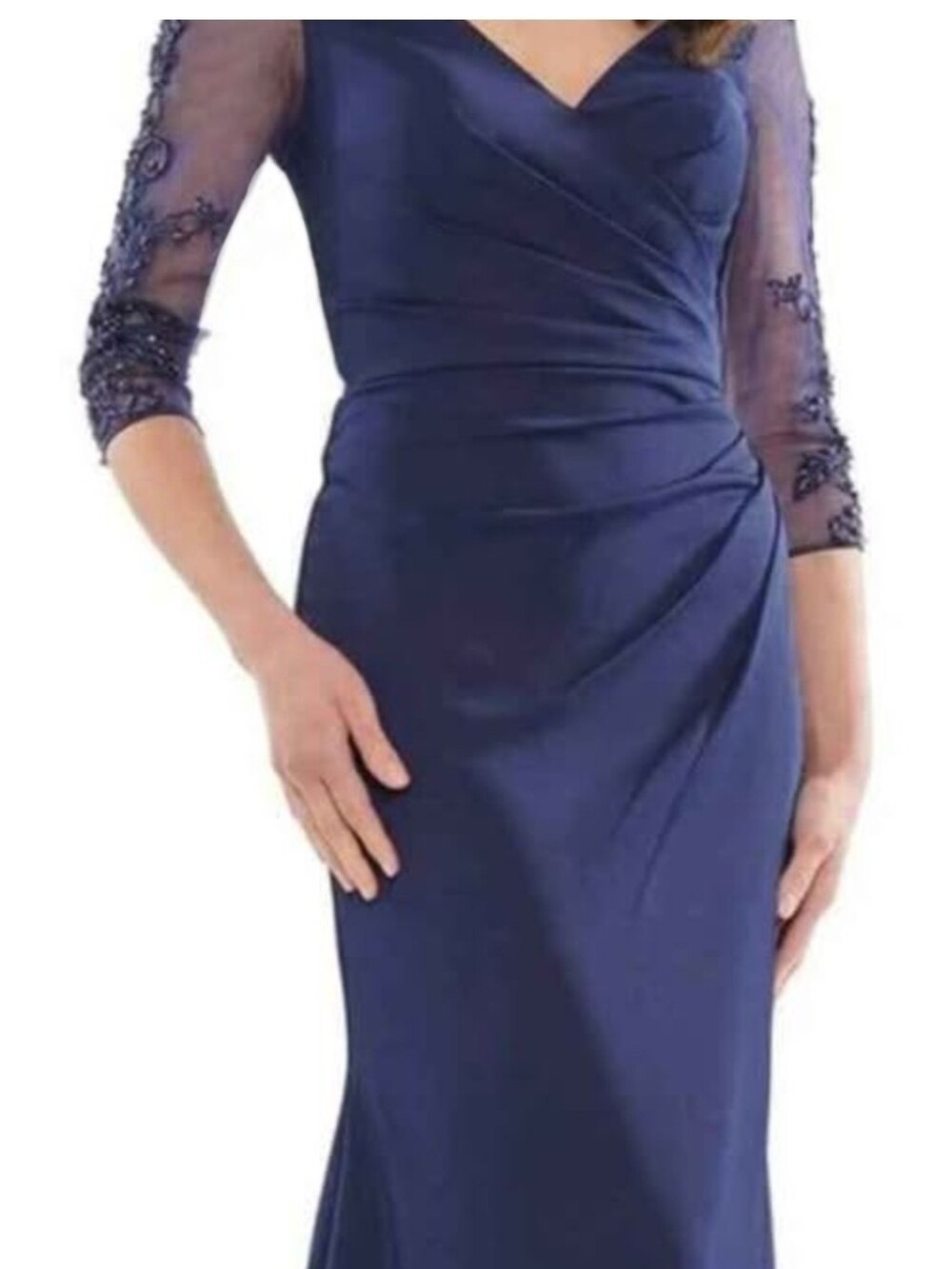 Never Worn Elegant Navy Evening Dress with Lace Sleeves And Beading
